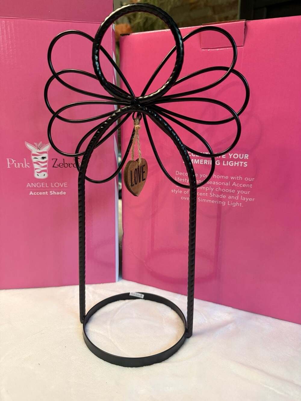 Pink Zebra Angel Love Accent Shade Metal Holder with Hanging Heart Decor